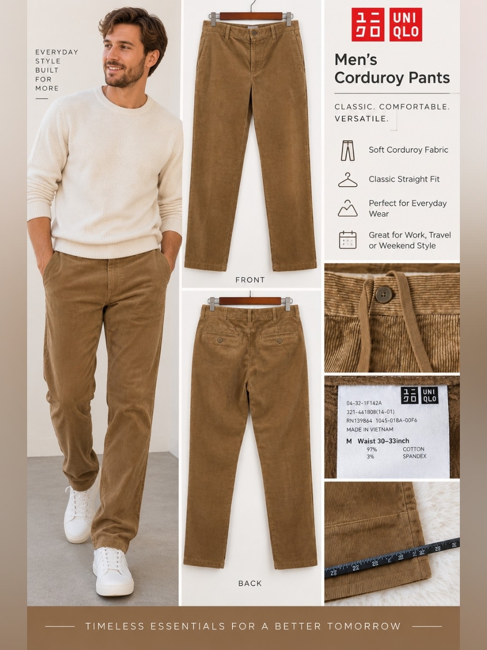 UNIQLO Men’s Corduroy Pants M 30-33 Brown Tan Straight Leg Stretch